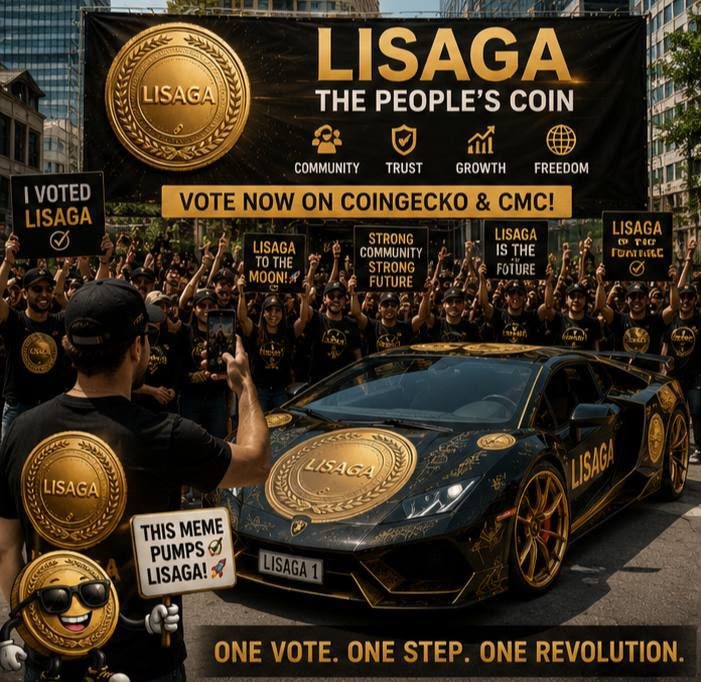 Community artwork: a crowd in LISAGA shirts around a gold-detailed car beneath a LISAGA banner.