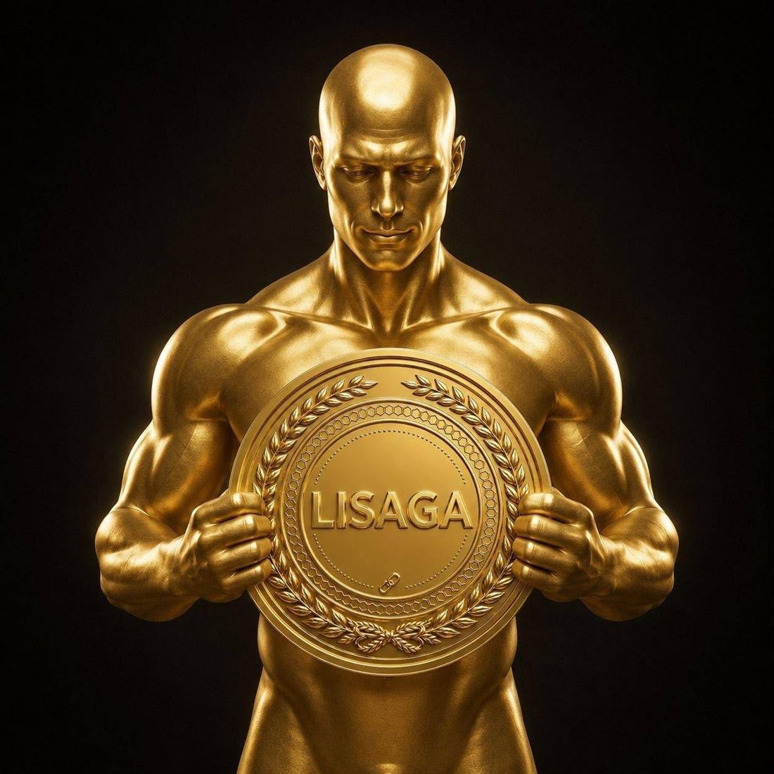 A gold statue of a figure gripping the LISAGA medallion against its chest.